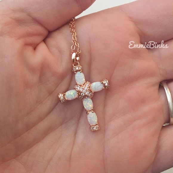 New 18KG Rose Gold Plated Fire Opal & Cubic Zirconia Cross Pendant Necklace - Picture 1 of 13